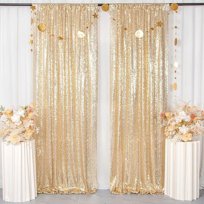 ShinyBeauty Light Gold Backdrop Sequin Curtains 4FTx7FT 2 Pieces Photograph Backdrops Golden Curtain Panels Shimmer Background for Birthday,Party,Wedding,Photoshoot Decor(8FTX7FT)