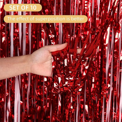 10 Pack Red Foil Curtain Backdrop 3.2ft x 9.8ft Metallic Tinsel Foil Fringe Curtains Streamer Photo Booth Backdrop for Birthday Party Engagement Bachelorette Party Decorations (Red)