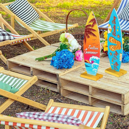 Blulu 4 Pcs Surfboard Table Decorations Surfboard Beach Signs Welcome to Paradise Sign Tropical Bar Table Centerpieces Endless Summer Wood Decor Flip Flop Letters for Home Decor(12.6 x 3.66 Inch)