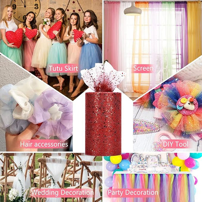 Glitter Tulle Rolls, 6” by 50 Yards (150FT) Sparkling Tulle Spool Ribbon Sequin Tulle Netting Fabric for Tutu Skirt Wedding Birthday Baby Shower (Burgundy)