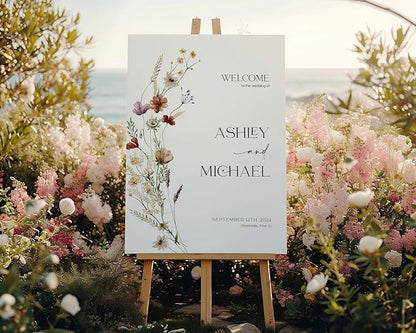 Welcome Wedding Sign Personalized, Wildflower Wedding Sign Decorations Signage 12" X 18" (Small), 27" (Medium), 36" (Large), Plastic, Modern, Pole Mount, Weather