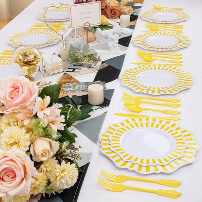 COLOSUS 150pcs Disposable White Lemon Yellow Striped Plastic Party Plates and Silverware set, Yellow Dinner/Dessert Plates silverware 30guests for Easter Birthday Weeding Party and Daily use.