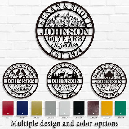 Custom 50th/40th/60th/70th/30th/1-99 Years Wedding Anniversary Sign Gifts for Couples Parents, Custom Metal Monogram Sign Personalized Family Name Signs (Flowers)
