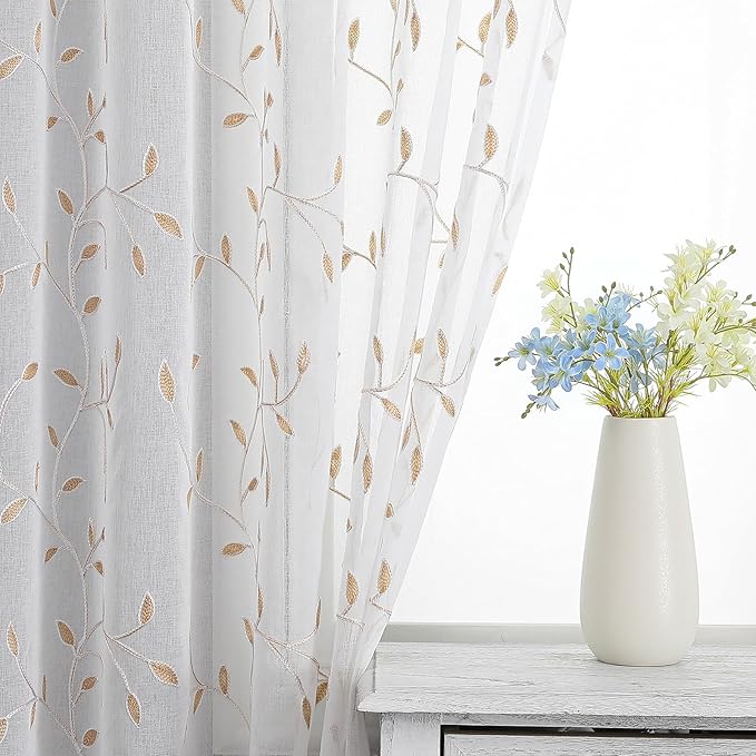 VISIONTEX White Sheer Voile Curtains, Decorative Orange Leaves Embroidery Faux Linen Rod Pocket Window Drapes for Home Kitchen, Living Room and Bedroom 54 x 54 Inch, Set of 2 Curtain Panels