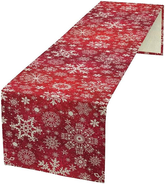 Snowflakes Christmas Table Runner, Winter Holiday Red Table Cloth Kitchen Dining Table Decoration for Home Party Decor 13x70 Inch
