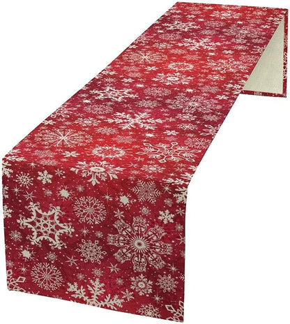 Snowflakes Christmas Table Runner, Winter Holiday Red Table Cloth Kitchen Dining Table Decoration for Home Party Decor 13x108 Inch