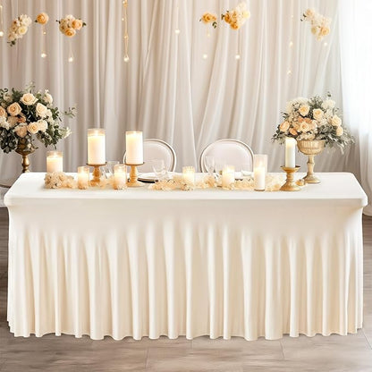 Wish Care 2 Pack Ivory Spandex Table Clothes for 4 Foot Rectangle Tables, 4FT Wrinkle Free Fitted Tablecloths Ruffles Design Table Cover for Party, Banquet, Wedding and Events