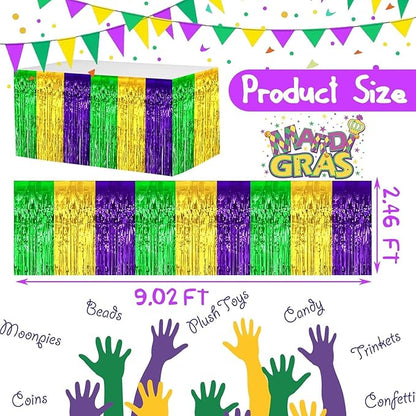 4 Pack 29x108 Inch Mardi Gras Metallic Foil Fringe Tinsel Table Skirts for Rectangle Tables Streamer for Christmas, Birthday, Parade Floats, Halloween Party Supplies(Gold Green Purple)