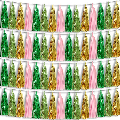 4P Sage-Green Pink-Gold Foil Fringe Metallic Tassel Garland, Tassels Banner Streamers for Parade Floats, Bachelorette, Wedding, Birthday, Halloween, Christmas, Bridal/Baby Shower Party Decorations