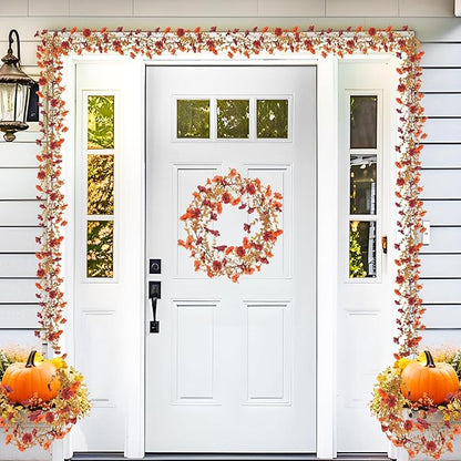 4 Pack Artificial Fall Flowers Garland, 6 FT Fall Decorations Fake Mums Floral Vines UV Resistant Faux Hanging Flower Ivy Garland for Home Party Table Wall Mantel Decor (Orange + Dark Red)