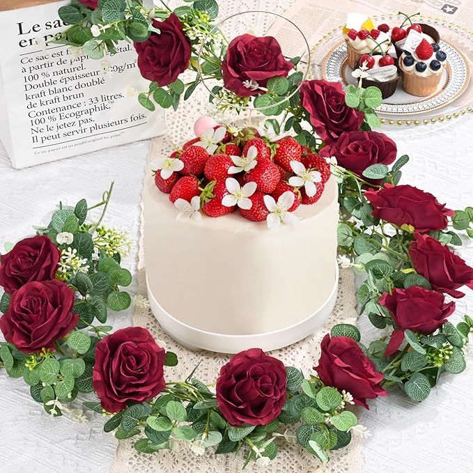 Dolicer 4Pcs 26Ft Artificial Eucalyptus Garlands with Flowers - 8 Roses, Faux Floral Greenery Garlands Fake Flowers Vines for Wedding Table Centerpieces Arch Party Ceremony Backdrop Decor (Red)