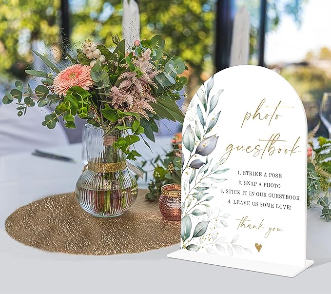 Acrylic Wedding Signs, Greenery Theme Photo Guestbook Sign, Wedding Reception Signage, Bridal Shower Table Decor with Stand, Engagement, Anniversary, Newlywed Events and Parties Supplies, 12