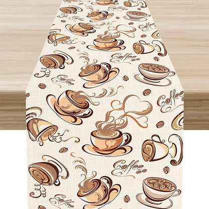 Coffee Time Table Runner, Farmhouse Retro Coffee Cup Tea Party Cafe Table Center Decor for Home Kitchen Dining Patio Holiday Party Indoor Outdoor Table Decorations,13"x90" Inch