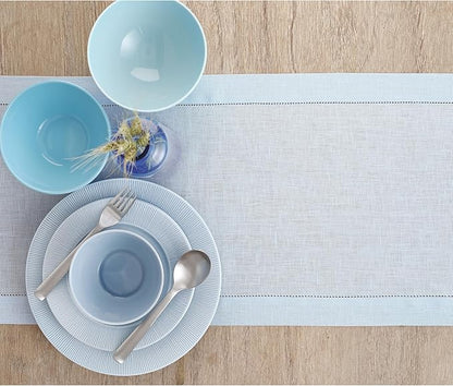 Solino Home Linen Light Blue Table Runner 108 Inches Long - 100% Pure Linen 14 x 108 Inch Table Runner - Classic Hemstitch