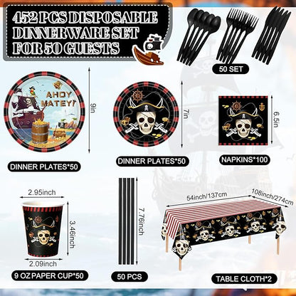 452 Pcs Pirate Party Supplies Decorations for 50 Guests, Pirate Treasure Theme Paper Plates Napkins Cups Tablecloth Cutlery Straws for Adult Halloween Birthday Party Decorations