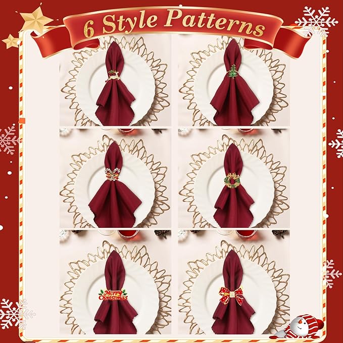 KPOSIYA 12PCS Christmas Napkin Rings Set of 6 and 6pcs Red Napkins Cloth, Metal Xmas Napkin Ring Holders for Winter Christmas Holiday Dinner Party Table Decoration
