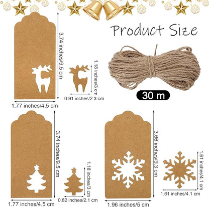 Aneco 150 Pieces Christmas Paper Gift Tags Brown Kraft Tags Hang Labels Christmas Tree Snowflake Reindeer Design with 30 Meters Jute Twine for Christmas DIY Wrapping Favor Holiday Present