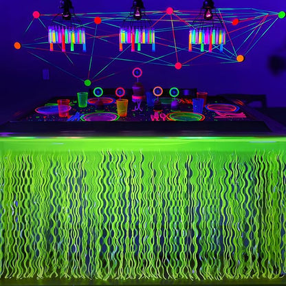 Mega-L Glow in The Dark Party Supplies, 2 Pack Neon Party Decorations Fluorescent Macaron Yellow Wavy Metallic Tinsel Foil Fringe Table Skirts, Perfect Table Decors for Glow Birthday Decor