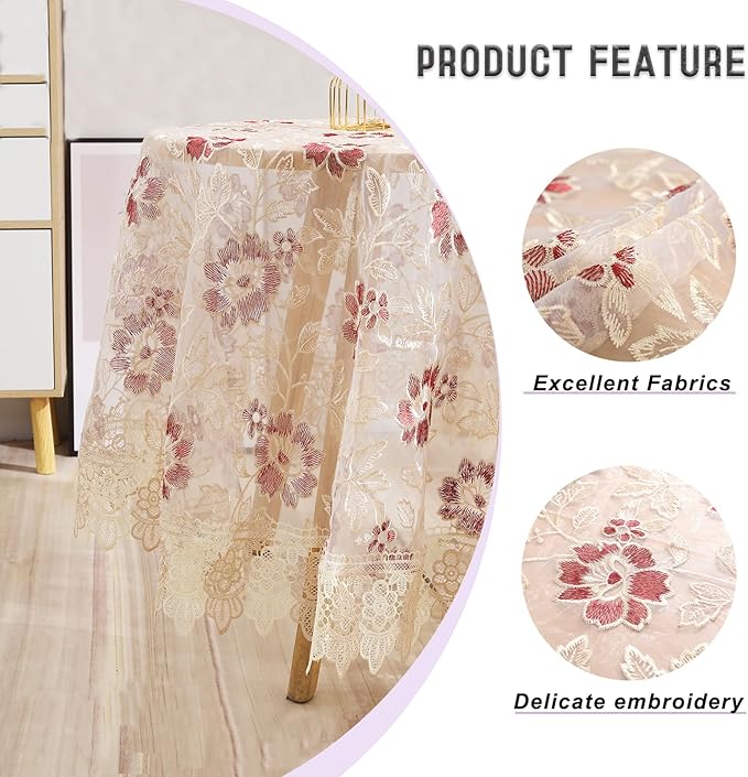 Round Embroidered Lace Tablecloth Vintage Decorative Exquisite Border Table Cover for Party Wedding Home Decorations, Round-70 inch, Red