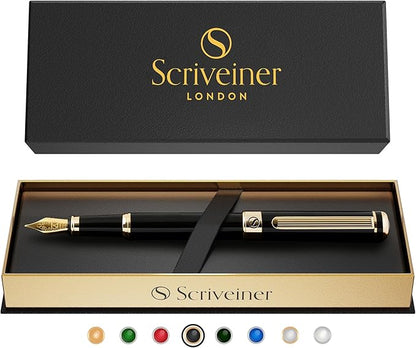 Scriveiner Luxury Fountain Pen - Stunning Luxury Pen, Real Gold Finish, Schmidt Gilded Nib (Medium), Converter, Best Pen Gift Set for Men & Women, Professional, Executive, Office, Nice Pens