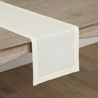 Solino Home Linen Ivory Table Runner 36 Inches - Classic Hemstitch, 100% Pure Linen Coffee Table Runner 14 x 36 Inch Ideal for Dresser Tables - Fall, Halloween, Thanksgiving, Christmas, Holiday
