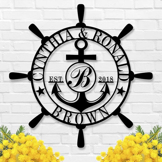 Customized Family Name Sign, Nautical Wall Decor, Anchor Compass Metal Sign, Initial Split Letter Monogram Sign, Last Name signs, Personalized Housewarming Gift