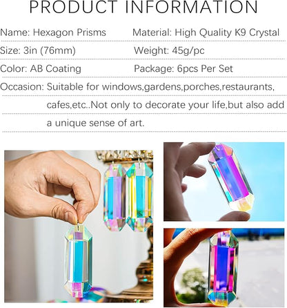 6 Pack 3'' Crystal Sun Catchers, AB Color Hanging Ornaments for Windows Sticks Prism Suncatchers for Garden Home Decor Office Living Room Windows Crystal Rainbow Maker