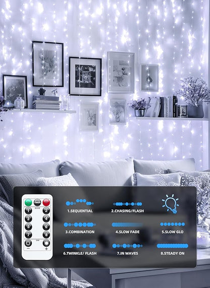 Brightown 300 LED Fairy Curtain Lights, 9.8ft x 9.8ft White Curtain String Lights, Winter Wonderland Decorations, USB Plug 8 Modes LED Christmas String Hanging Lights with Remote for Indoor Outdoor