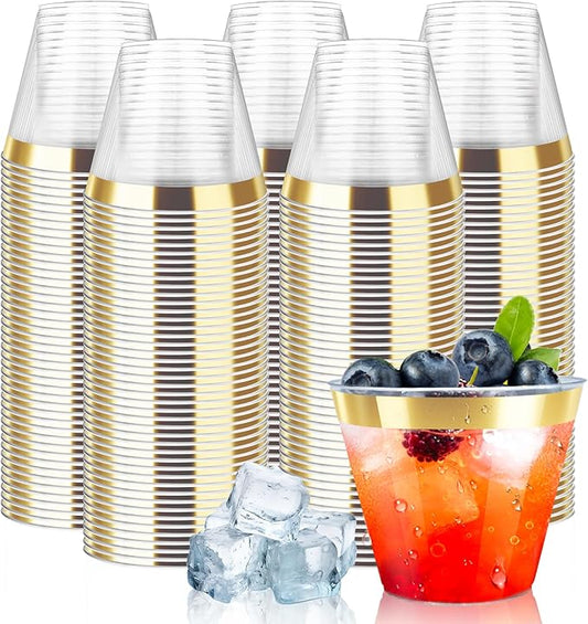 [200 Pack] 9oz Clear Plastic Cups with Gold Rimmed Sturdy & Food Safe Disposable Wine Glasses Party Wedding Cups Disposable Drinking Cups Plastic Cocktail Glasses for Wine, Juice & Cold Beverages