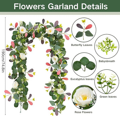 ASTRYAS 2Pcs 6.23Ft Artificial Eucalyptus Garlands with Flowers, Faux Floral Greenery Garlands Fake Flowers Vines for Wedding Table Centerpieces Arch Party Ceremony Backdrop Decor (Pink Leaves)