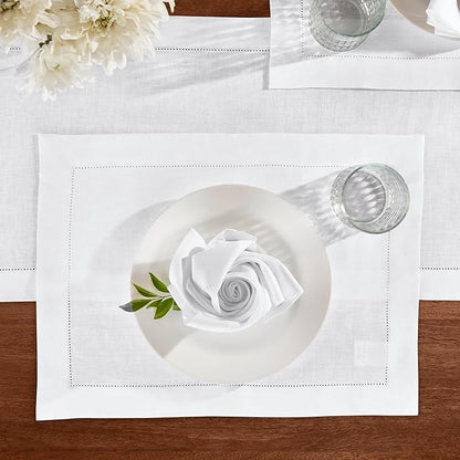 Linen Table Runner 48 inches – 100% Pure Linen Off White Medium Weight Hemstitch Table Runner 14 x 48 Inch – Ideal for Dresser and Coffee Tables, Spring, Summer, Wedding Gift – Azure