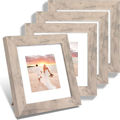 6x6 Picture Frame Set of 4 with High Definition Glass, Smoke Gray Frame Display 4x4 Pictures with Mat or 6 x 6 Without Mat, Wood Square Photo Frame for Wall Mount and Tabletop Display