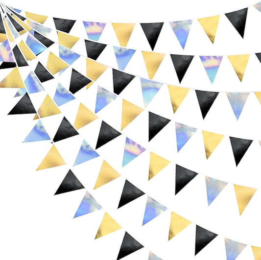 Black Gold Iridescent Party Decorations Triangle Pennant Banner Flag Metallic Fabric Bunting for Birthday Graduation Retirement Wedding Bridal Shower Engagement Bachelorette Disco Party Supplies