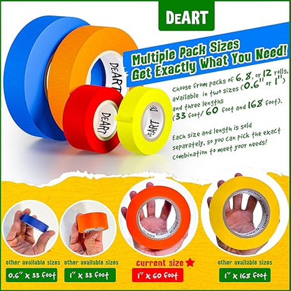 DEART 6Pcs Colored Masking Tape, Extra Long 1008 Feet or 360 Feet x 1 Inch Painters Tape, Color Painter Tape for Arts & Crafts Labeling or Coding, Kids Art Supplies (2.5cm X 18m (1In X 20Yards))