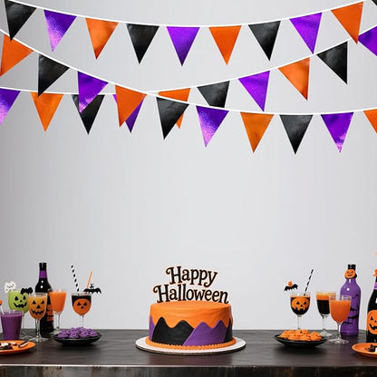 Black Orange Purple Halloween Party Decorations Metallic Fabric Triangle Pennant Banner Flag Bunting Garland for Birthday Baby Shower Bachelorette Trick or Treat Halloween Holiday Party Supplies