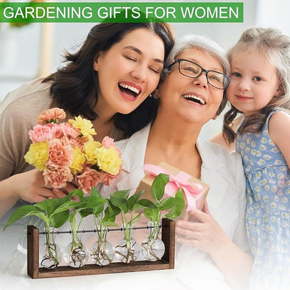 YIBOT Plants Propagation Stations,Plant Terrarium with Wooden Stand,Wall Hanging Glass Planter Plant Propagation Vase for Indoor Office Home Garden Decor Plant Lover Gifts for Women-5 Bulbs