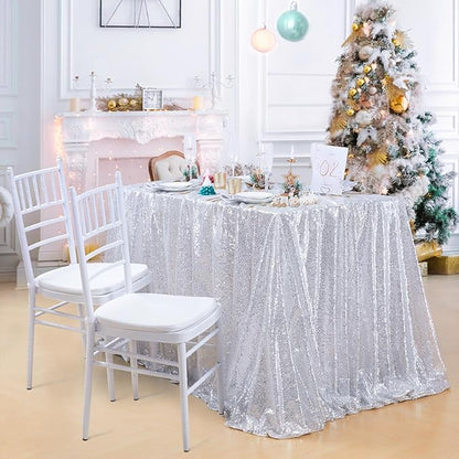 QueenDream Sequin Tablecloth 60x102 Inch Silver Tablecloth Christmas Glitter Tablecloth 6ft for Baby Shower Party Christmas Decorations