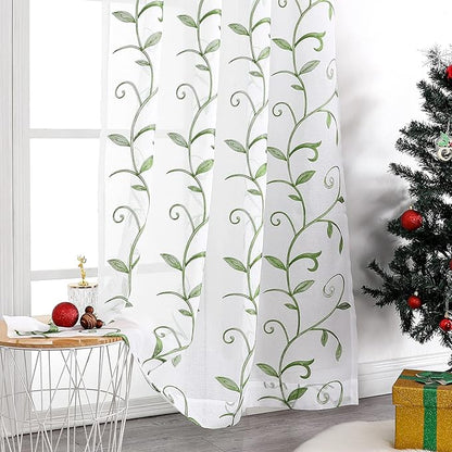 VISIONTEX Embroidered Green Sheer Voile Curtains, Leaves Embroidery Faux Linen Rod Pocket Window Drapes for Living Room and Girls Bedroom 54 x 63 Inch, Set of 2 Curtain Panels
