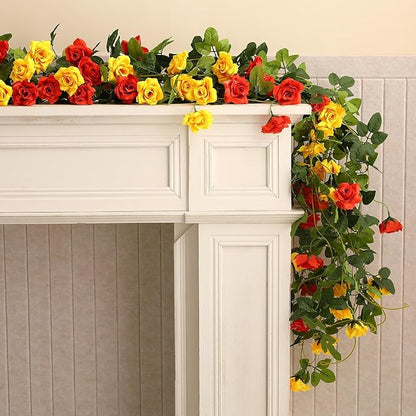 Floweroyal 2 Pack Artificial Flower Garlands 15.8FT Fake Rose Vines Silk Flowers Hanging Rose Ivy for Wedding Arch Party Home Garden Wall Decor (Orange Yellow)