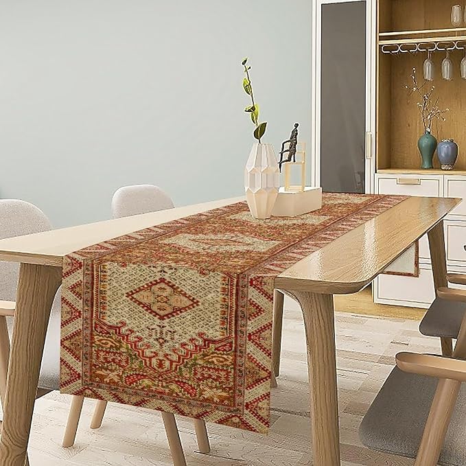 Boho Bohemia Style Orange Table Runner, Country Rustic Farmhouse Magical Abstract Print Pattern for Home Kitchen Table Decor Dining Coffee Room Garden Party Decor 13x90in