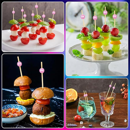 300Pcs Fancy Toothpicks for Appetizers,4.7Inch Pink Pearl Cocktail Picks For Drinks,Bamboo Appetizer Skewers for Charcuterie Boards Accessories,Martini, Sandwich,Desserts,Fruit,Pink Party Decorations
