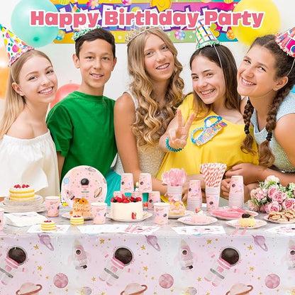 452 Pcs Pink Space Birthday Decorations for 50, Star Astronaut Paper Plates Napkins Cups Moon Tablecloth Cutlery Straws for Solar System Planets Baby Shower Party Supplies Decorations