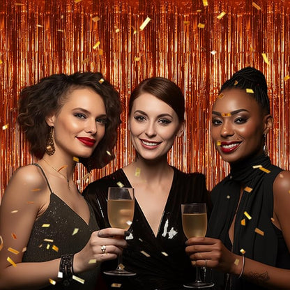 3 Pack Foil Fringe Backdrop - Bronze Shiny Tinsel Curtains for Party Decoration/Photo Booth Props - 3.3x8.2 FT Metallic Foil Backdrop for Birthday, Wedding, Graduation, Christmas.