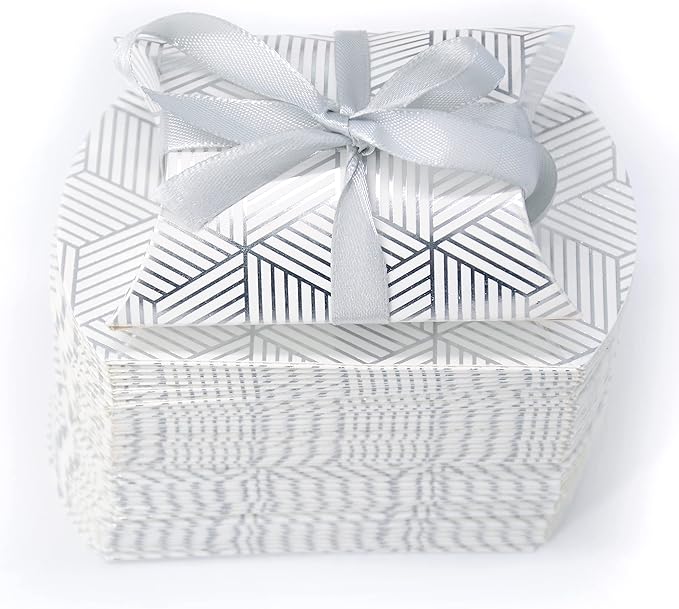 Aokbean 100 Pack Mini Pillow Candy Box Small Gift Boxes with 50 Yards Ribbon for Christmas Wedding Party Favor Gift, Jewelry or Soap Packaging (Silver Stripes)