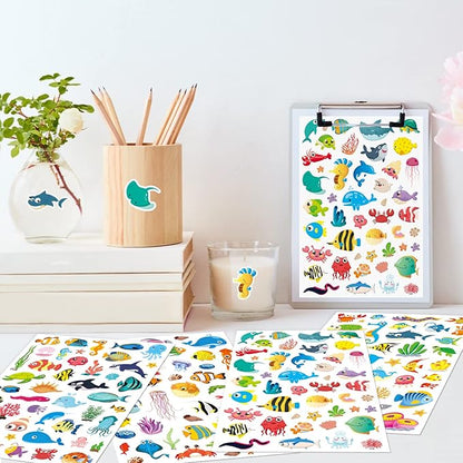 Cute Ocean Sea Animal Adhesive Stickers Tropical Fish Shark Stickers 890 Count for Boys Girls Birthday Invitations Envelopes Mermaid Under The sea Party Goodie Gifts Bags Decor Class Rewards