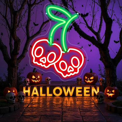 Halloween Cherry Skull Neon Sign, Gothic Neon Sign, Halloween Skull Lover Gifts, Skull Room Wall Decor for Man Cave Beer Bar Club Game Room Halloween Party Decor Gifts-Large-17.72IN