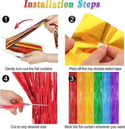 4 Pack Pride Decorations, 3.28 FT x 7.05 FT Rainbow Backdrop, Metallic LGBT Party Decor Foil Tinsel Party Streamer Backdrop Curtains, Rainbow Curtains Birthday Photo Booth Props