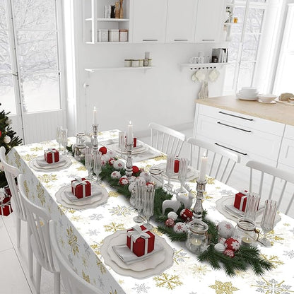 12Pcs Christmas Snowflake Party Tablecloths Decorations,Plastic White and Gold Table Cloth,Winter Rectangle Table Cover for Christmas New Year Birthday Baby Shower Holiday Party Decorations,54x108inch