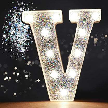 Pooqla Light Up Letters, LED Marquee Letters for Silver Birthday Decorations, Battery Powered Night Light Teenager Girl Room Decor, Gift for Girls Boys Wedding Bedroom Christmas Party Decor, Letter V
