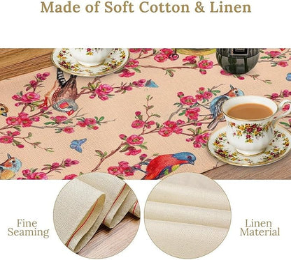 Floral Butterfly Table Runner Seasonal Spring Flower Bird Table Decoration Table Runner for Home Party Decoration 13x120 Inch